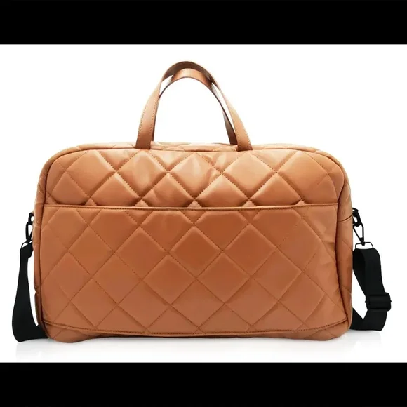 Tan and Black Quilted Duffel Bag with Adjustable Strap - Picture 3 of 3